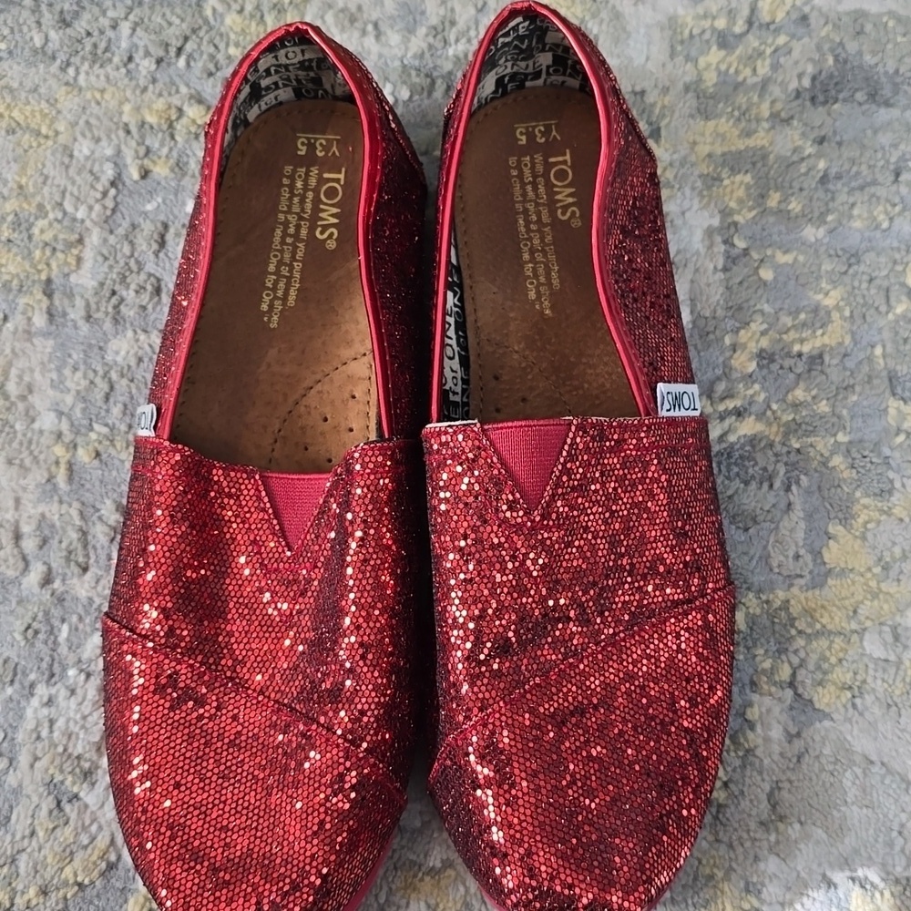 TOMS Red Glitter Slip-On Shoes 3.5Y - Picture 3 of 13